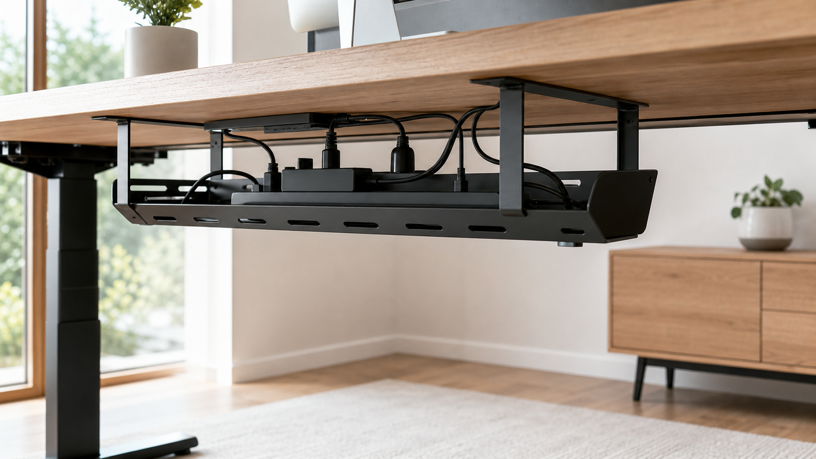 Under-desk cable tray holding a power strip and routed cords beneath a work desk.